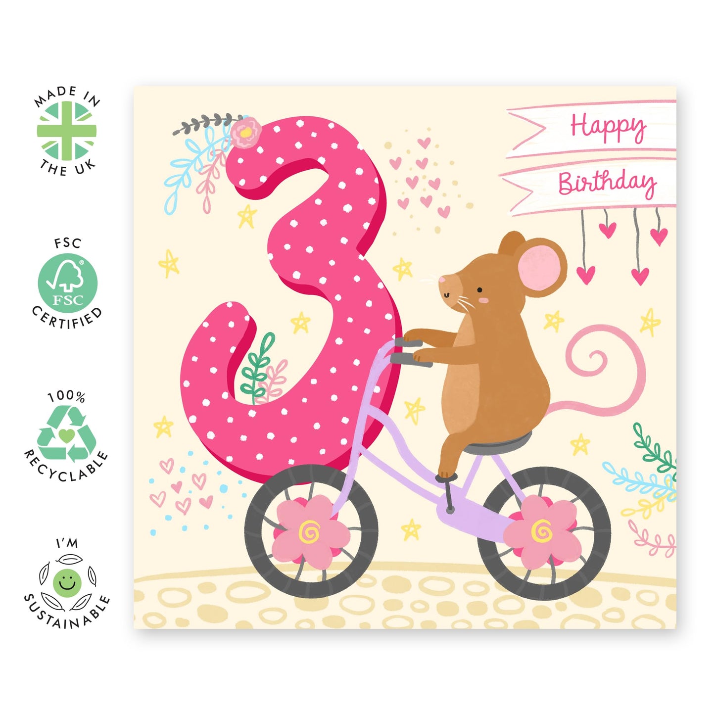 3rd Birthday Card For Girls Boys - Happy Birthday Card For Daughter Age Three - Pink Hearts Mouse - Third Bday Gifts For Son Granddaughter - Comes With Cute Stickers - By Central 23