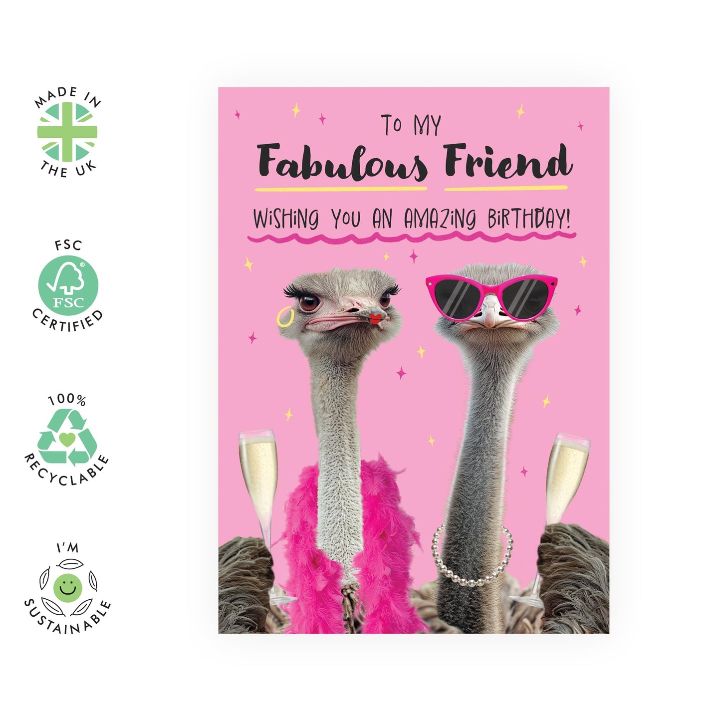 Fab Birthday Card - 'Fabulous Friends Birds' - Gifts for Best Friends, BFF, Co-workers, Colleagues, Besties, Girlfriend, Bestie, Gals, Sister, Sis - Ostrich In Glasses - Comes with Fun Stickers