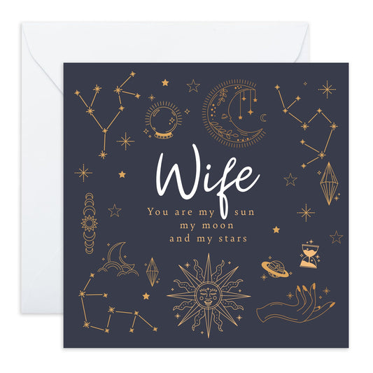 Romantic Greeting Card - 'WIFE MOON STARS' - Perfect for Celebrating Love and Adoration with a Whimsical Touch - Ideal for Partners Spouses Wife Couples Girlfriend - Comes With Stickers By Central 23