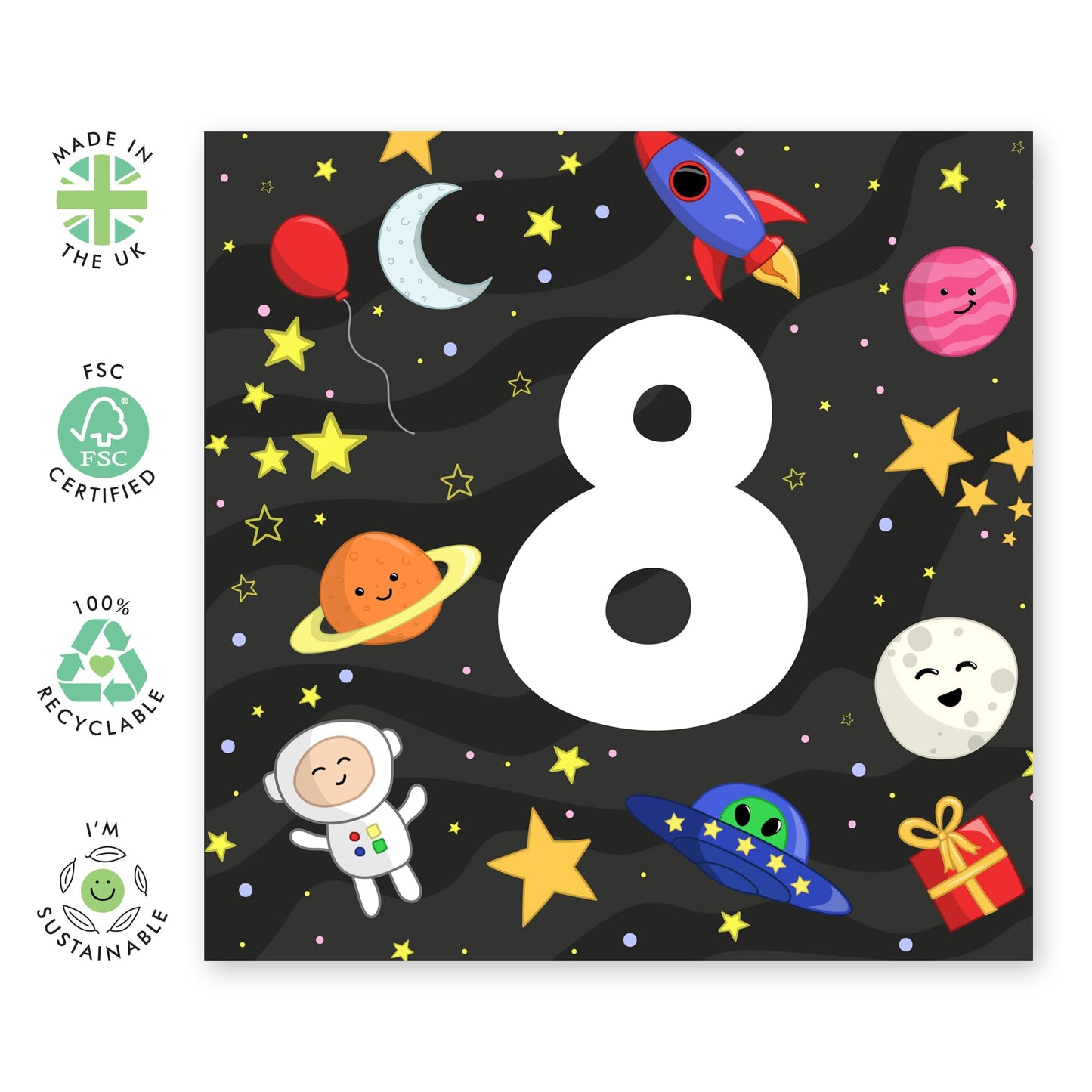 Eighth Birthday Card For Boys Girls- 8 Space - Happy 8th Birthday Greeting Card For Kids - Eight Years Old - Milestone Cards Age Eight - Child - Card From Mum Dad - Comes With Sticker By Central 23