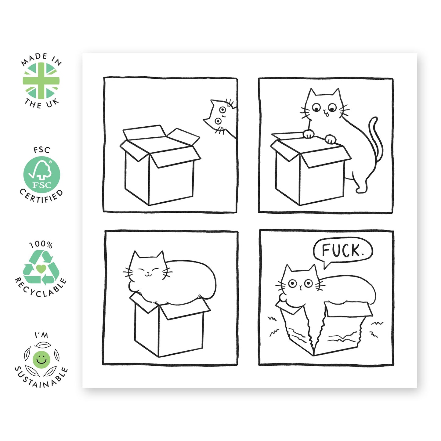 Funny Cute Cat Greeting Card - 'Cardboard Box Cat' - Presents for Bestie, Best Friend, Girlfriends, Colleagues, Co-workers, Mates, Bruv - Enjoy your day - Comes with Fun Stickers