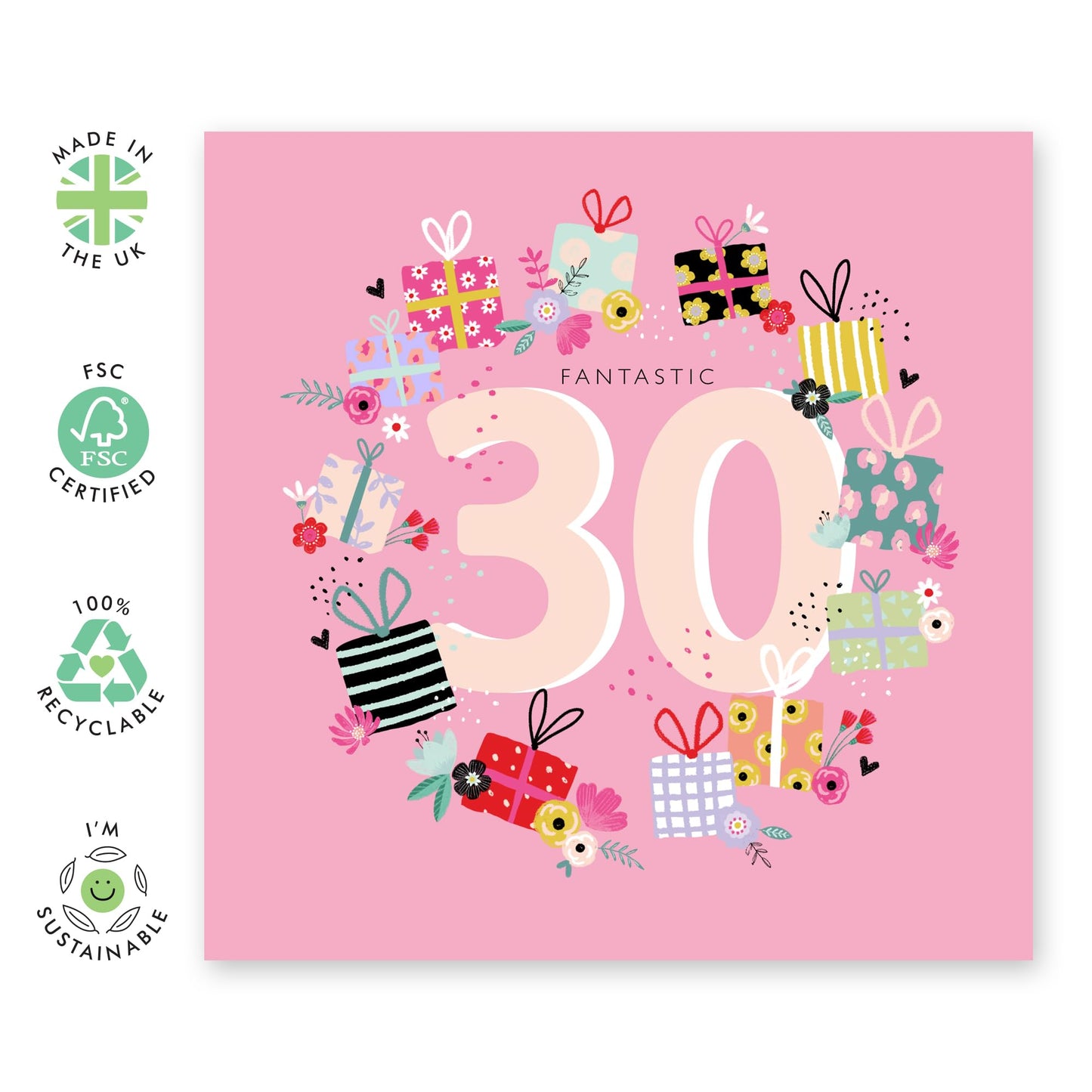30th Birthday Card For Women - Fantastic 30th Present Wreath - Wife Mum Mummy - Gift From Husband Daughter Niece - Happy Thirtieth Birthday Greeting Card - Comes With Stickers By Central 23