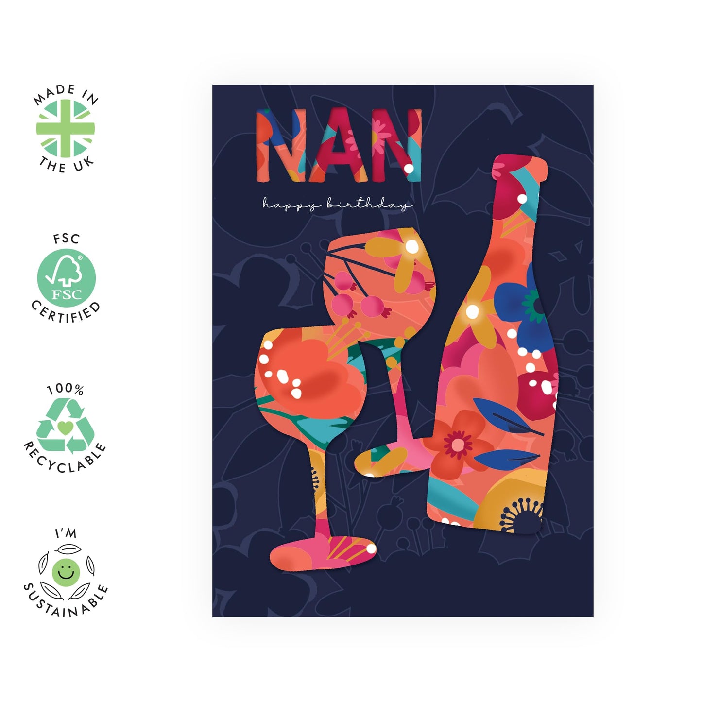 Nan Birthday Cards For Women - Floral Drinks Toast Celebration - Greeting Cards For Her Female Women - Floral Gifts For Grandma Grandmother Nanny - Comes With Fun Stickers - By Central 23