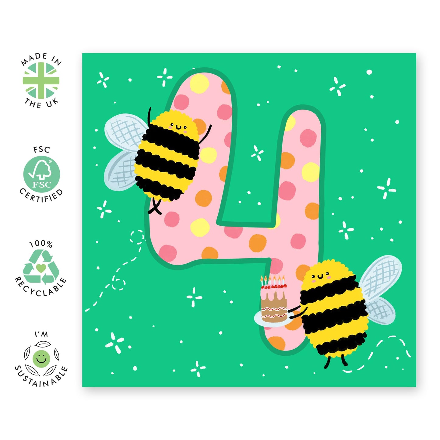 4th Birthday Card Boy Girl - Happy Birthday Cards For Kids Four Year Old - Forth Birthday Cards For Son Daughter - Toddler Milestone Age Cards Green - Bee Gifts - Comes With Stickers By Central 23