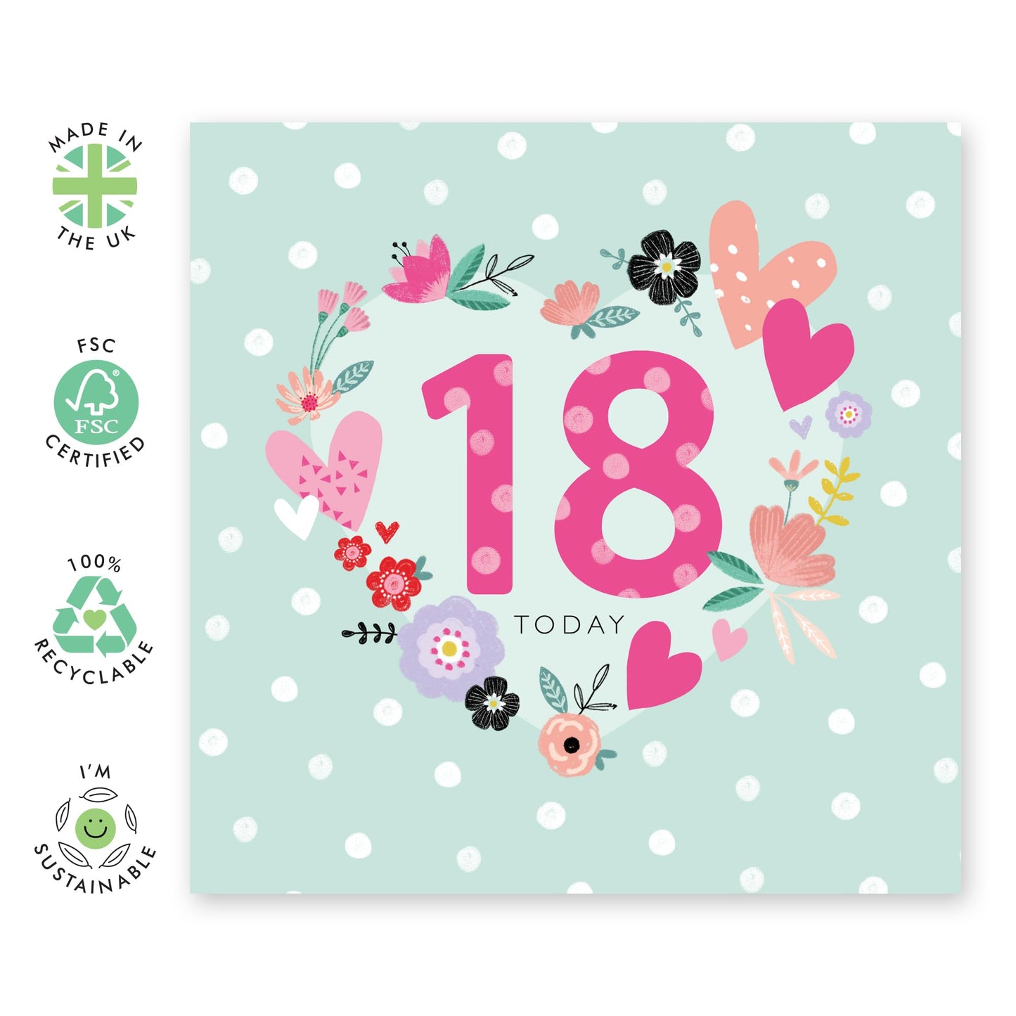 18th Birthday Card - 18 Dotty Floral Heart - Happy Eighteenth Birthday Cards - 18 Year Old Gifts For Best Friend Women Him Her - Floral Bday Card - From Mum Dad - Comes With Stickers By Central 23