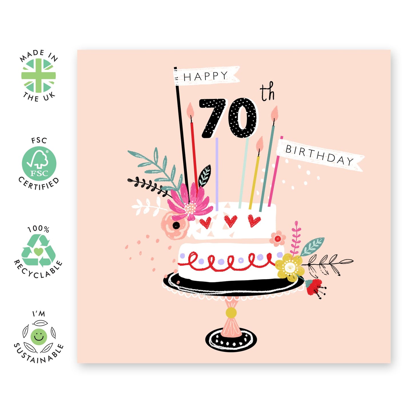 Happy 70th Birthday Card - Tiered Birthday Cake - Floral Birthday Card For Mum Sister Aunt Friend - Happy Seventieth Birthday Greeting Card Female - Comes With Stickers - By Central 23
