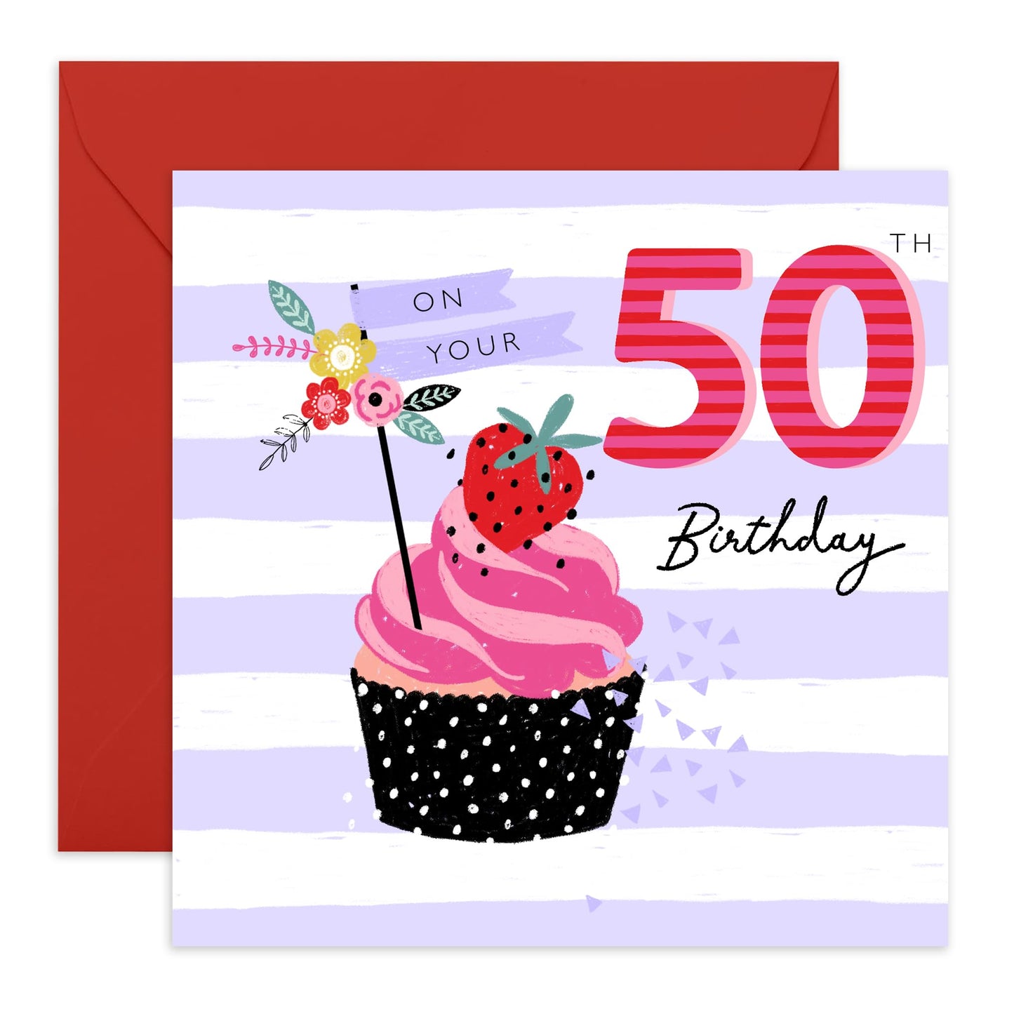 50th Birthday Card For Her - 50th Strawberry Cupcake - Mummy Birthday Card - Wife Mum - Happy Fiftieth Birthday Greeting Card Sister Friends - Gift For Women - Comes With Fun Stickers By Central 23