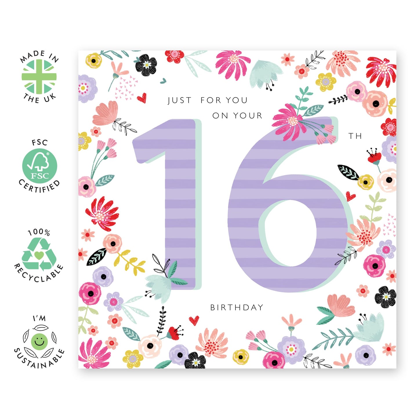 16th Birthday Cards For Kid - Just For You 16th Birthday - Happy Birthday Card For Daughter Granddaughter Niece - Floral Card - Girl Birthday Card Sixteen Year Old - Comes With Stickers By Central 23