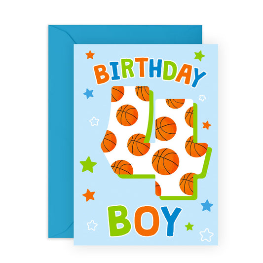 4th Birthday Card Boy Girl - Basketball Greeting Cards Age Four - Happy Fourth Birthday Cards For Kids Toddler - Milestone 4 Year Old Gifts For Him Her - Comes With Cute Stickers By Central 23