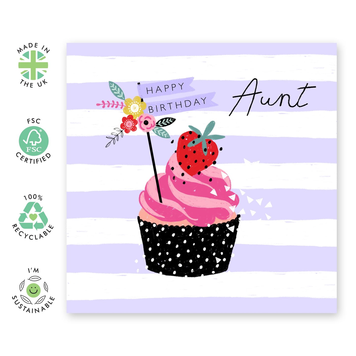 Aunt Birthday Card - Aunt Cupcake Lilac Stripe - Gift From Niece Nephew - Happy Birthday Aunty Greeting Card - Greeting Card Her - Heartfelt Gifts Women Tia - Comes With Fun Stickers - By Central 23