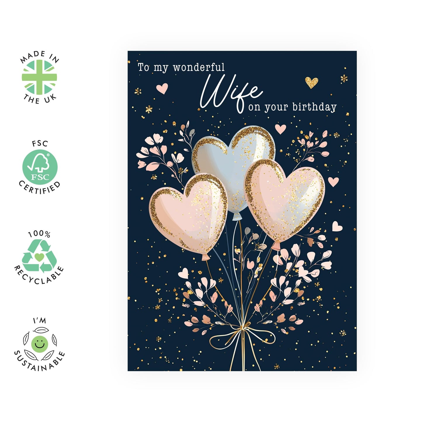 Flowers & Balloon Birthday Card - 'Wonderful Wife'- Gifts for Her, Spouse, Mrs, Married Couples, Other Half, Darling, Babe - Sweet Husband - Comes with Fun Stickers