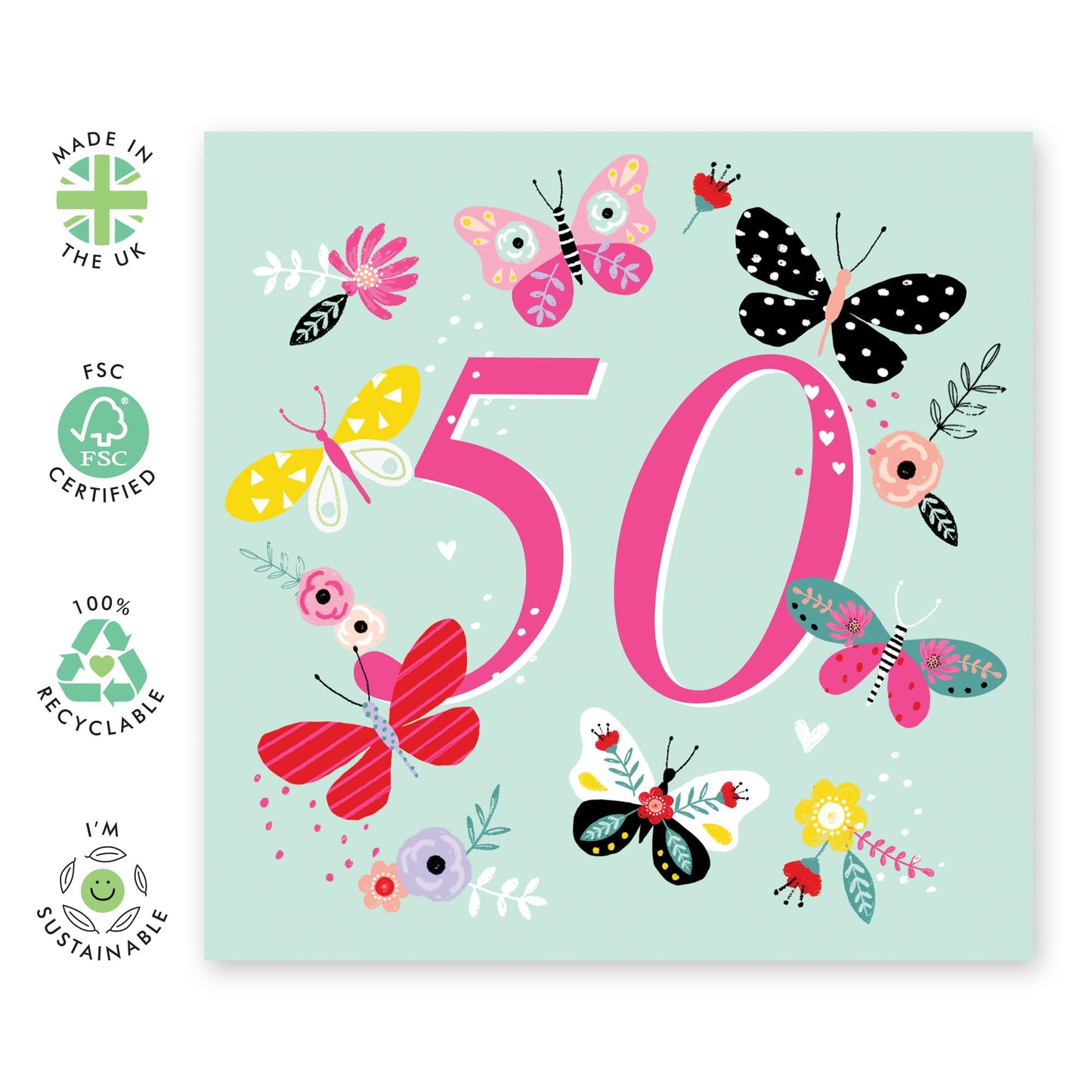 Butterfly Birthday Cards For Women Age Fifty - Fiftieth Birthday Card For Her - Pretty Butterflies Gifts - Happy 50th Bday Card For Mum Aunt Friends - Comes With Fun Stickers By Central 23