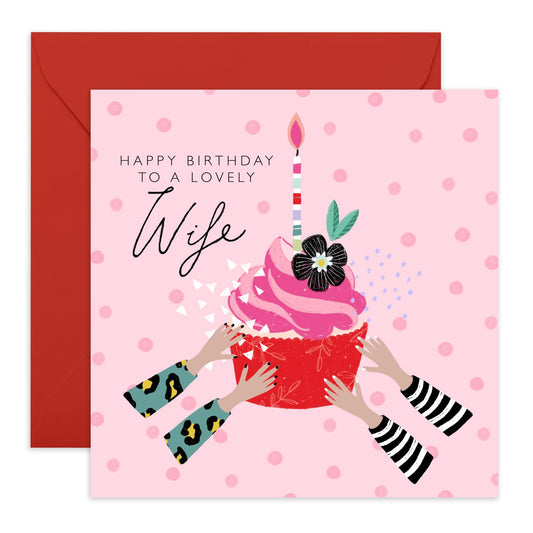 Birthday Cards For Wife - To A Lovely Wife - Birthday Cupcake Candles - Pink Wife Greeting Cards - Polka Dots Gifts For Her - Comes With Stickers By Central 23