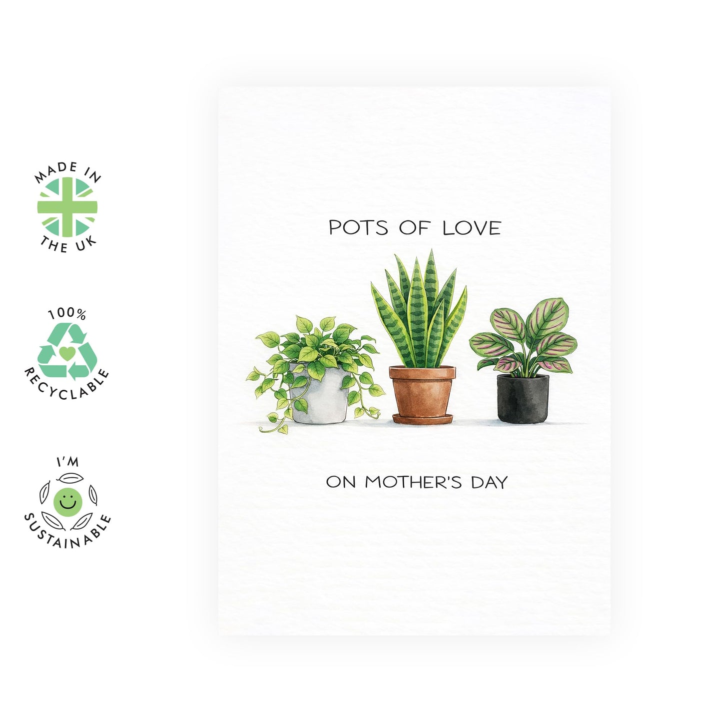 Adorable Mother’s Day Card – "Pots Of Love" - Plant Greetings for Mum Mummy Mama Ma Her Ladies Wife Sister Grandma Aunt Women - Minimalist Design - Comes with Sweet Stickers