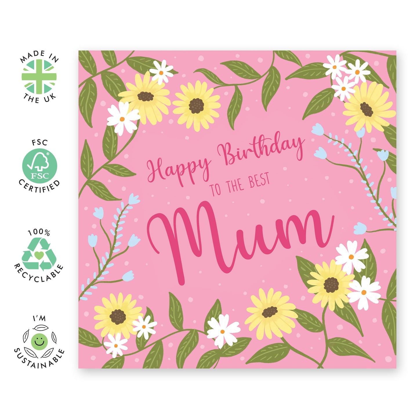 Sweet Birthday Card - 'Birthday Mum' - Cute Gifts for Mother, Mama, Ma, Wife - Pink and Flowers - Comes with Fun Stickers