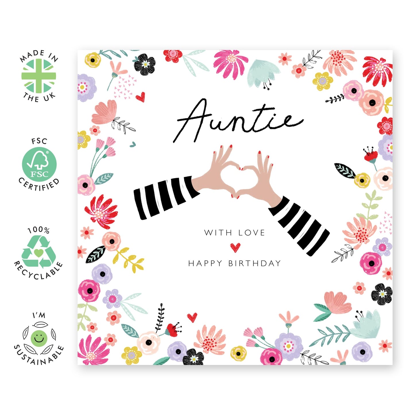 Aunt Birthday Card - Floral Heart Hands With Love - Auntie Birthday Card From Nephew Niece - Happy Birthday Greeting Cards - Heartfelt Gifts For Women Female Tia - Comes With Stickers By Central 23
