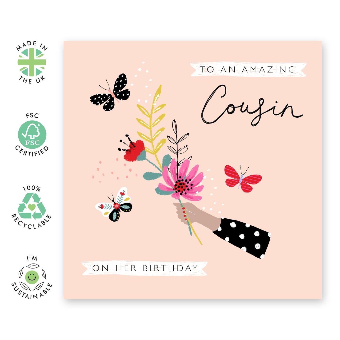 Cousin Birthday Cards For Women - Pretty Flowers And Butterflies - Floral Bouquet Birthday Greeting Cards For Ladies Girls Female - Gifts For Her - Comes With Fun Stickers - By Central 23