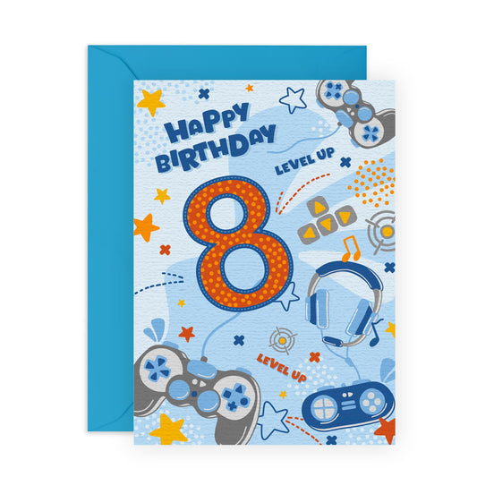 Gamer Birthday Card For 8th Birthday - Boys Birthday Card Age 8 - Video Game - Gaming Birthday Cards For Kids 8 Year Old - Greeting Cards For Son Grandson Brother - Comes With Stickers - By Central 23