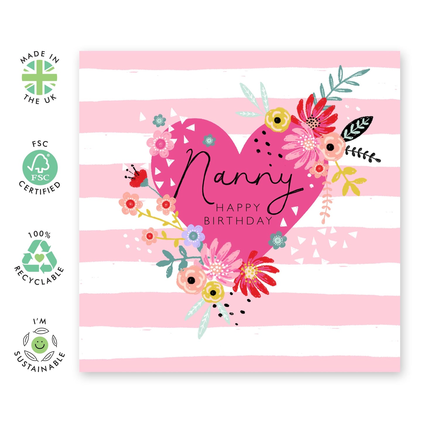 Happy Birthday Cards For Nanny - Hearts Flowers - Floral Grandma Gifts Presents For Her - Pink Celebration Greeting Cards For Women Nana Grandmother - Comes With Fun Stickers - By Central 23