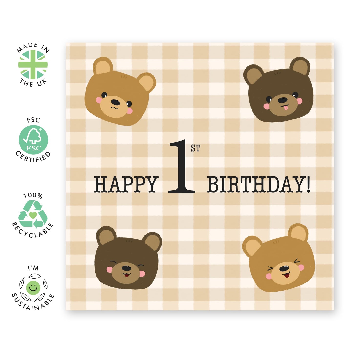 Cute 1st Birthday Card for Baby - 'First Birthday Teddy Bears' - Gifts for Nephew, Grandson, Toddlers, Baby Boy, Kids - Turning One - Comes with Fun Stickers