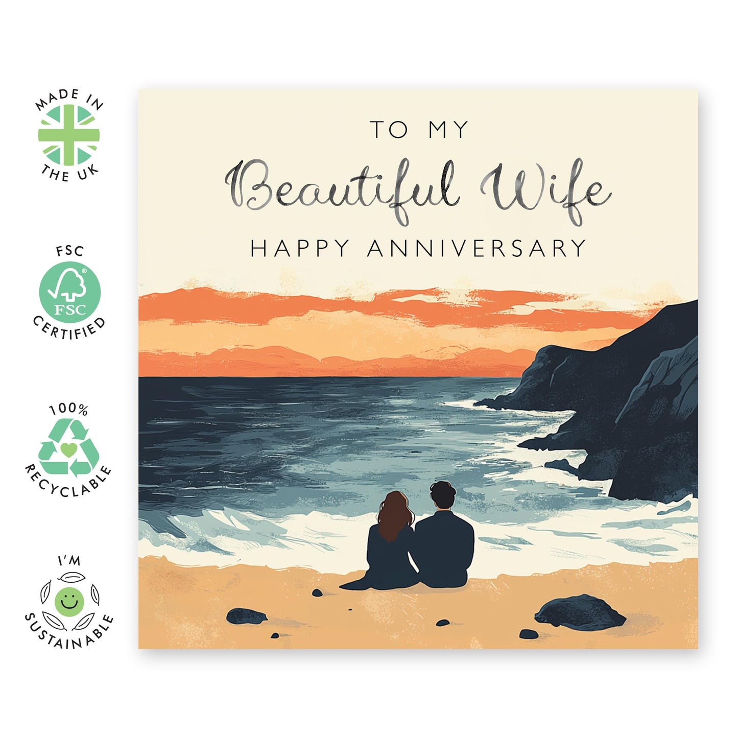 Seaside Anniversary Card for Her - 'Beautiful Wife' - Gifts for Spouse, Babe, Darling, Ladies, Women, Other Half - By The Beach - Comes with Fun Stickers