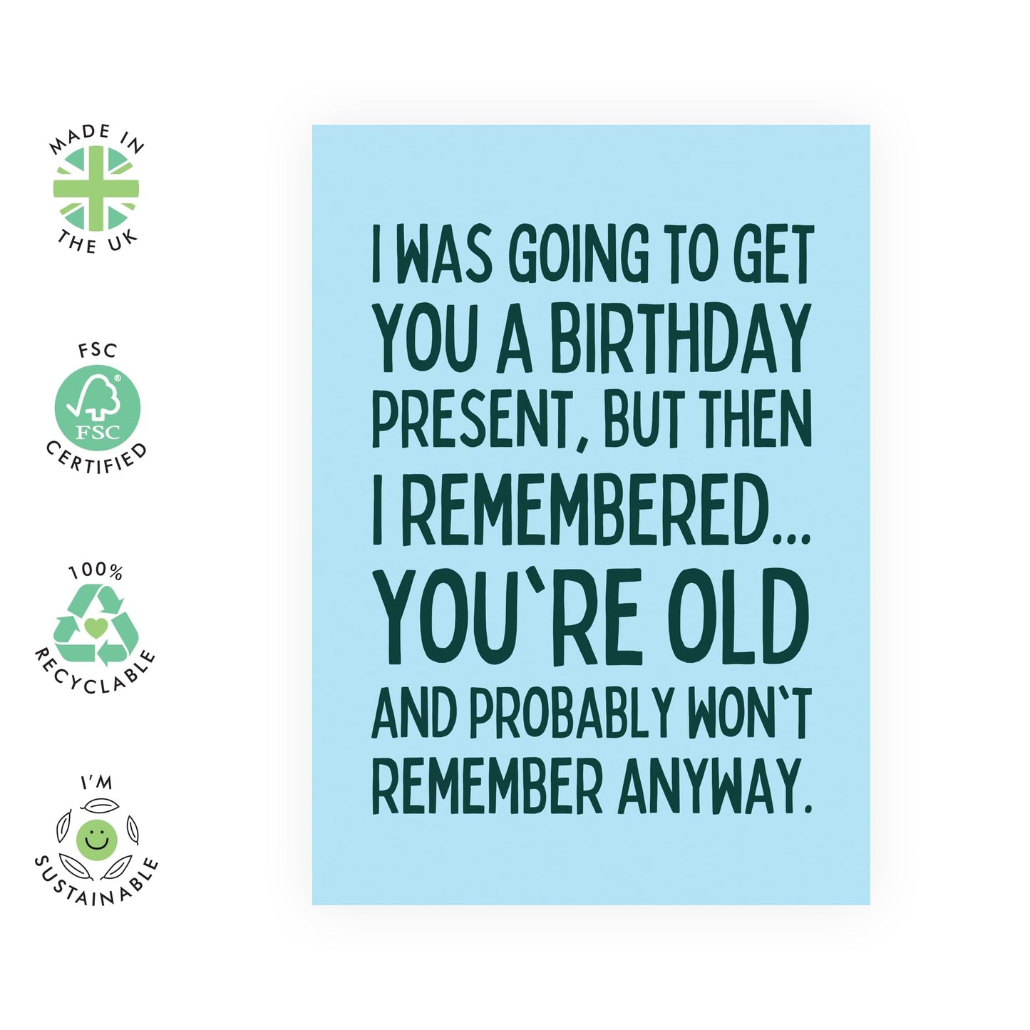 Funny Birthday Card on Aging - 'Won't Remember Present' - Jokes for Friends, Mum, Dad, Colleagues, Co-workers, Cousin, Uncle, Auntie - Short Memory - Comes with Fun Stickers