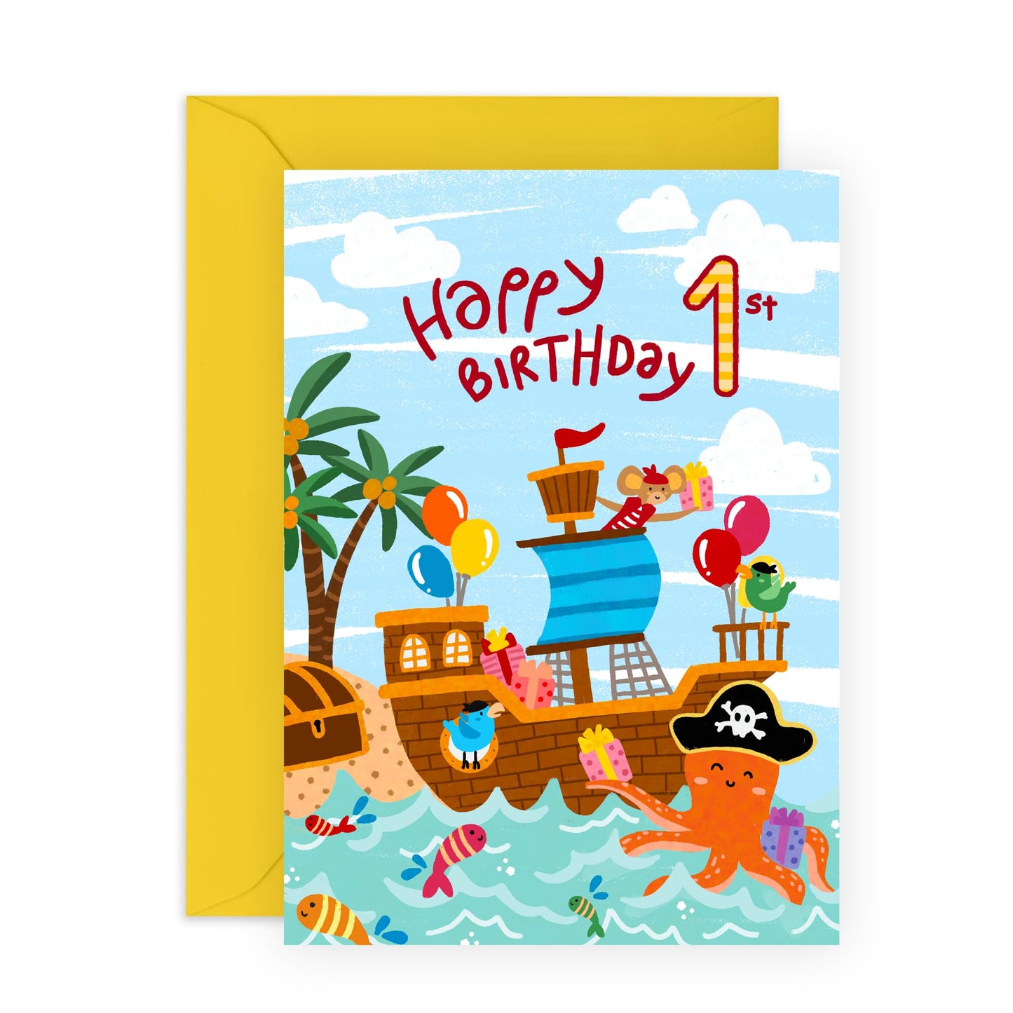 1st Birthday Card For Boy - Pirates Ship Treasure Island - Happy First Birthday Card For Kids - 1 Year Old - Age One - Gifts For Son Grandson Brother - Comes With Stickers - By Central 23