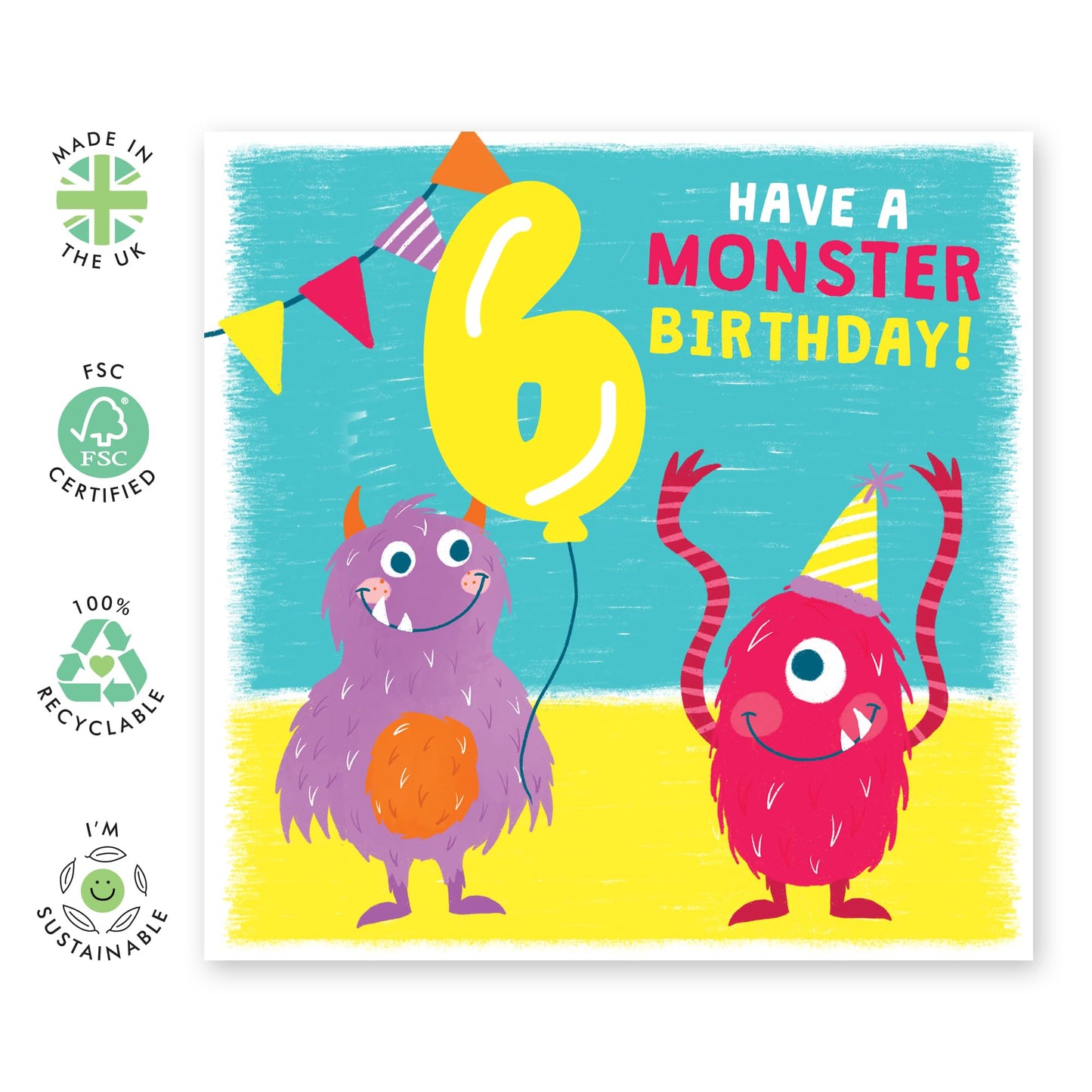 6th Birthday Card Boy Girls - Party Monsters - Happy Birthday Card For Kids - Sixth Bday Milestone Gifts For Son Daughter Nephew Niece Grandson - Age Six - Comes With Stickers By Central 23