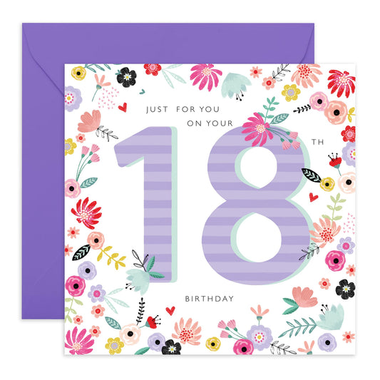18th Birthday Card For Her - Just On Your 18 Birthday Stripe - Happy Eighteenth Birthday Cards Daughter - 18 Year Old Gifts For Best Friend - Floral Bday Card - Comes With Stickers By Central 23