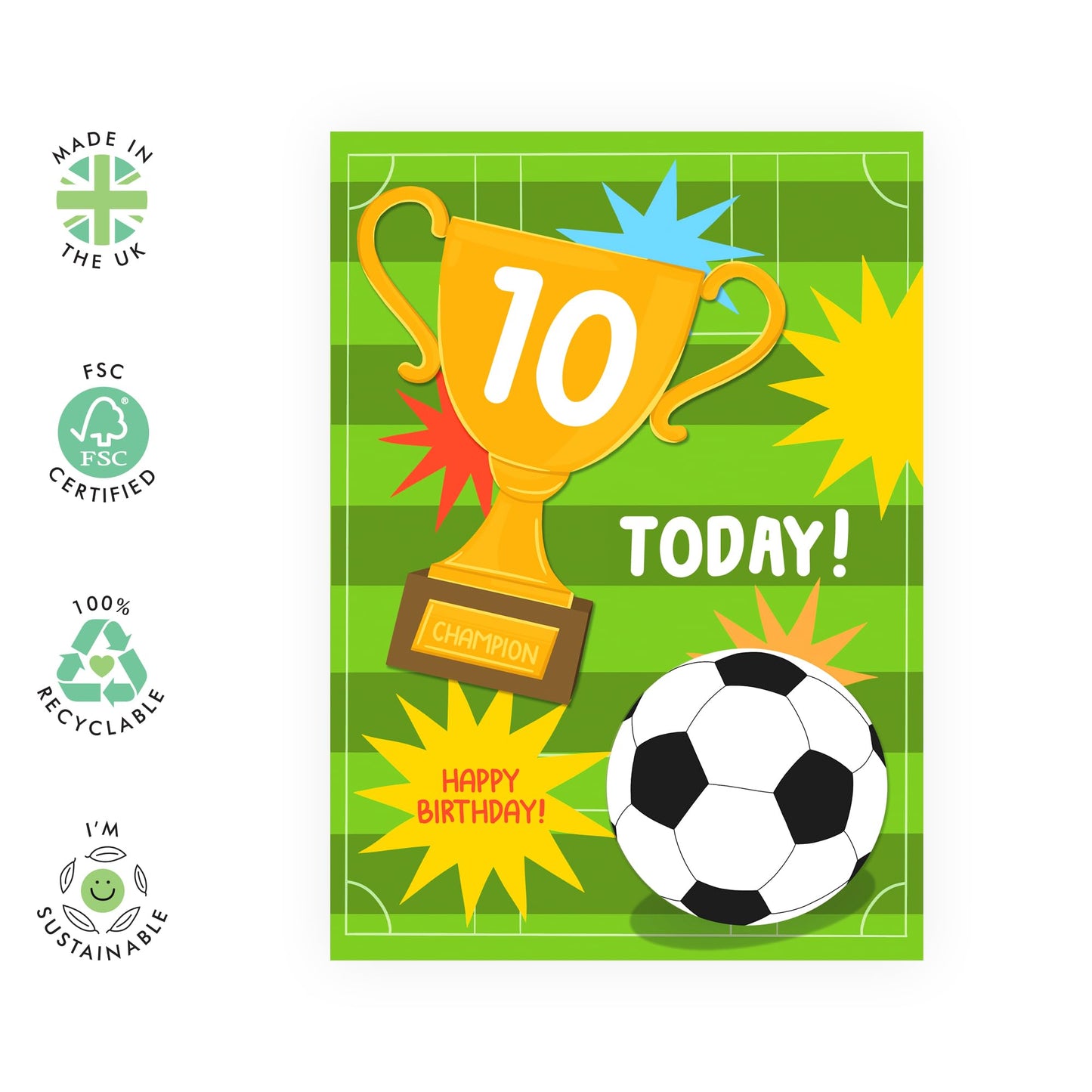 Boys Birthday Cards 10 Year Old - Childrens Football Birthday Age 10 - Tenth Bday Gifts For Grandson Nephew - Football - Happy 10th Birthday Cards For Kids - Comes With Fun Stickers By Central 23