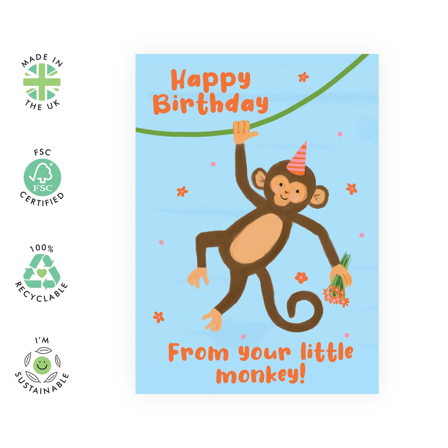 Cute Monkey Birthday Card - 'Little Mokey' - Birthday Cards for Mum, Dad, Parents from Kids, Children - Monkey Swinging - Comes with Fun Stickers
