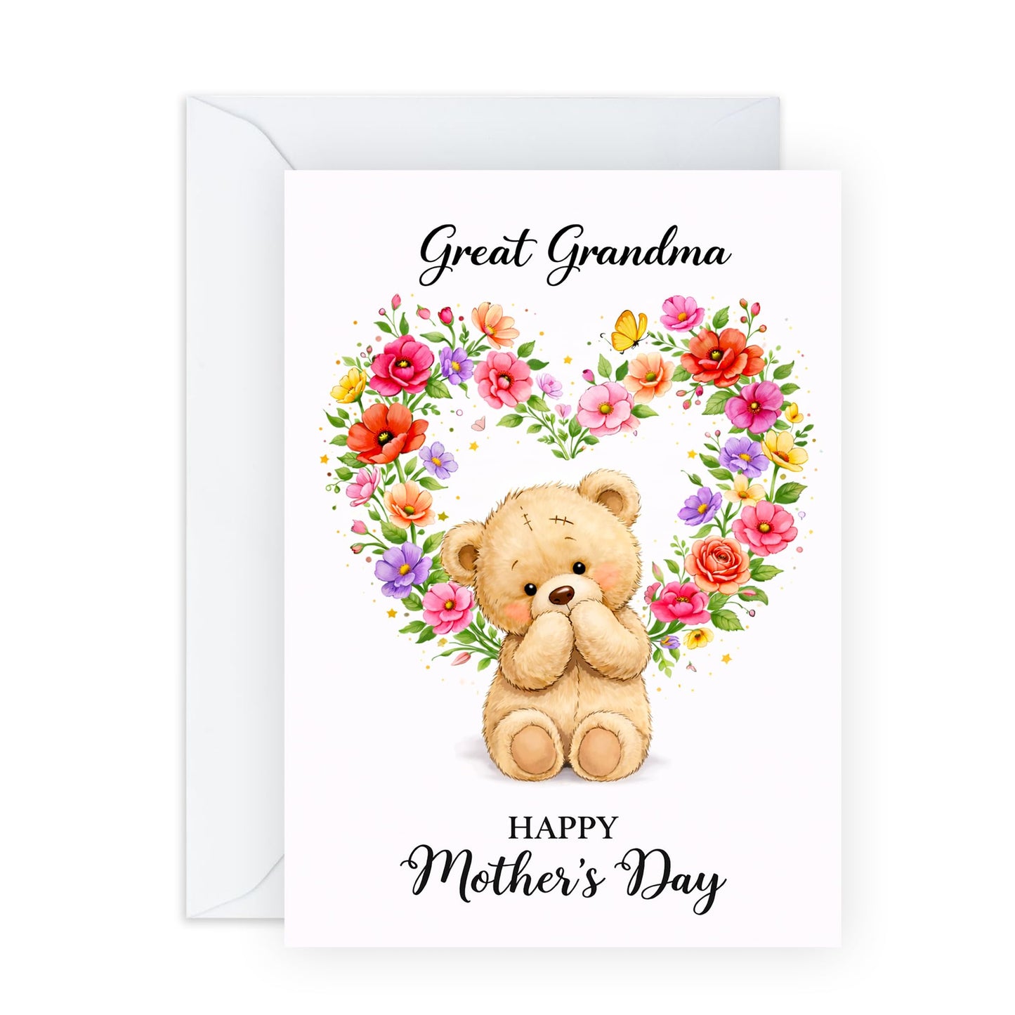 Mother’s Day Card for Great Grandma - Cute Teddy Bear & Floral Heart Greeting Card - Sweet Keepsake for Great-Grandmother - Made in UK - Includes Premium White Envelope