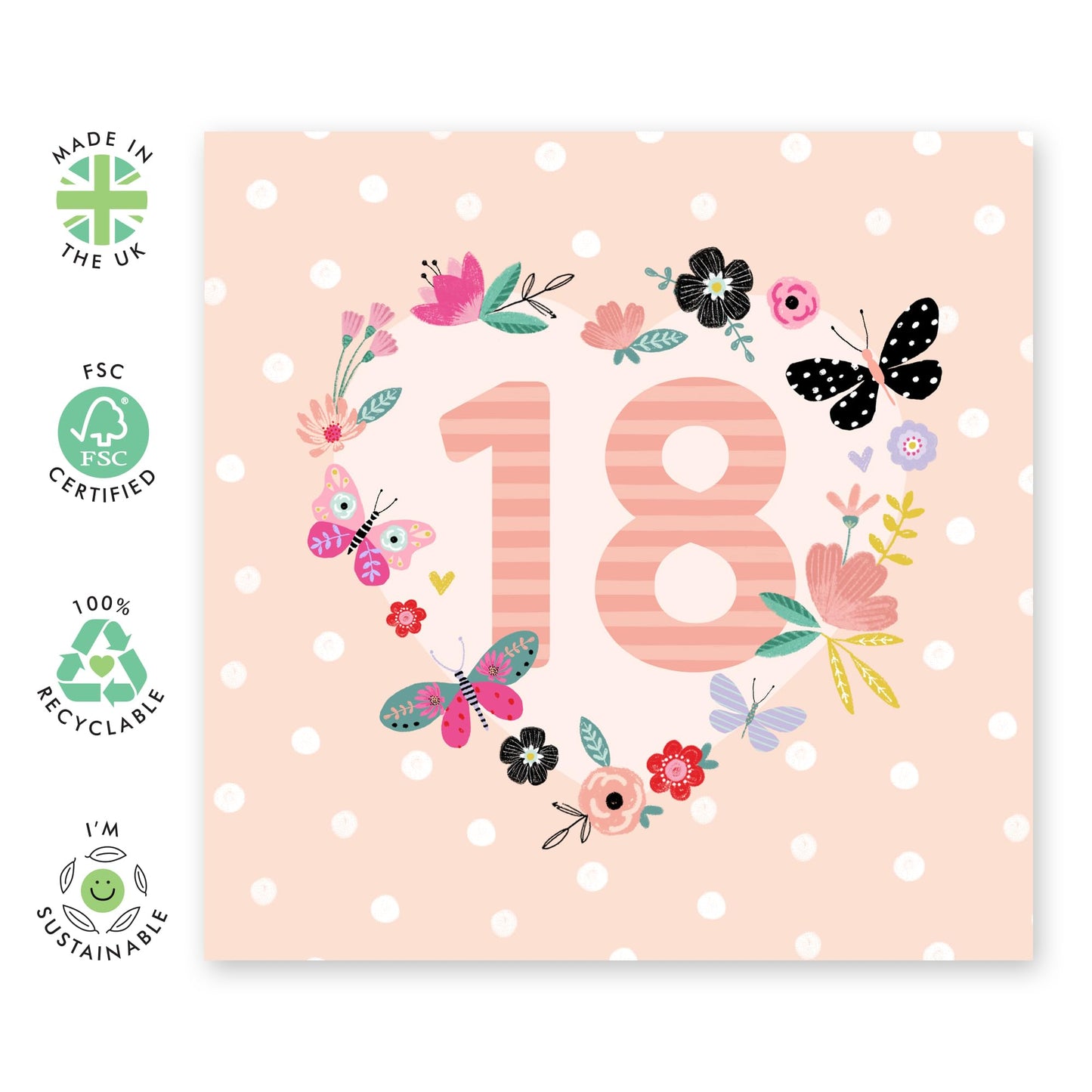 18th Birthday Card For Her - 18 Stripe Butterfly Heart - Happy Eighteenth Birthday Cards Daughter - 18 Year Old Gifts For Best Friend Women Her - Comes With Stickers By Central 23