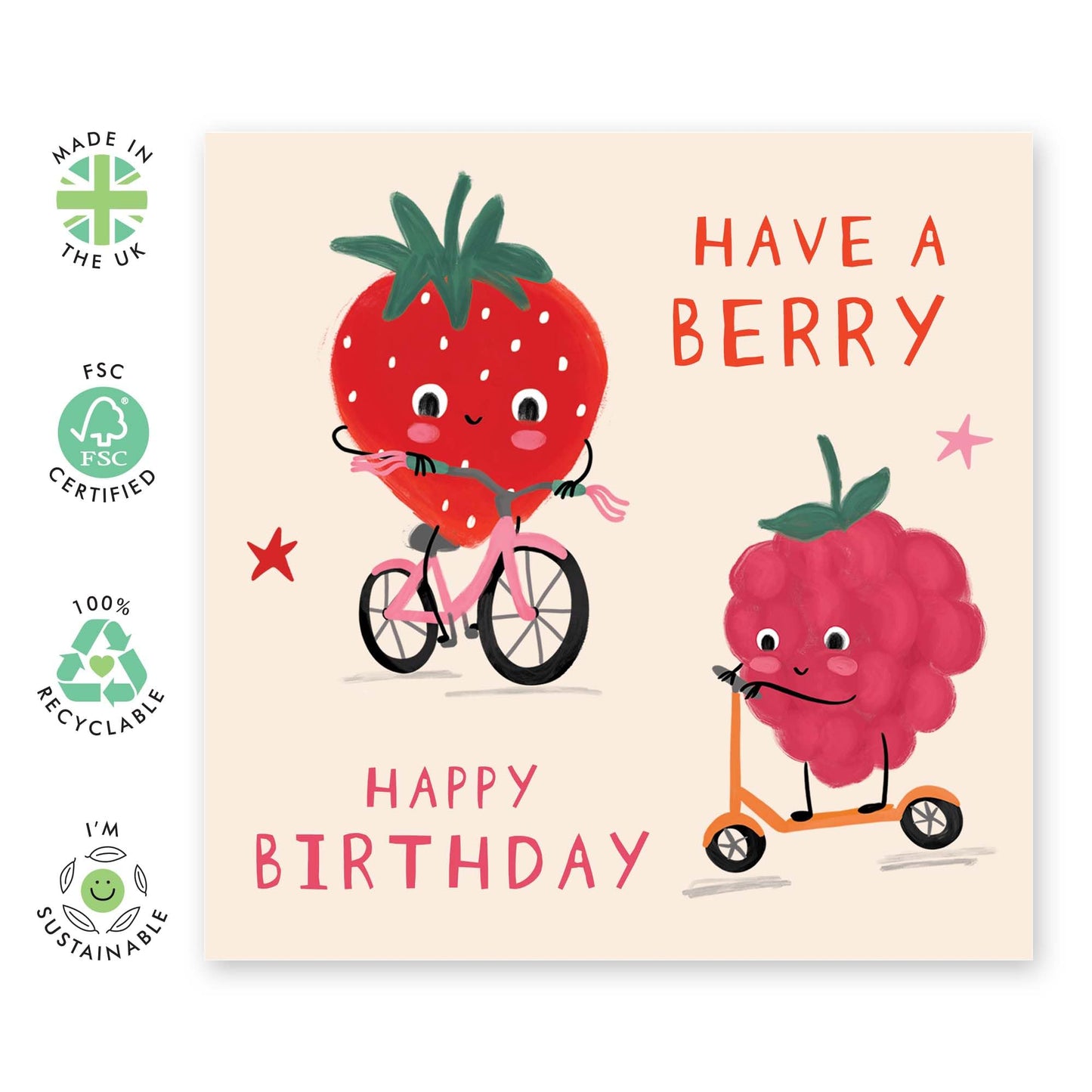 Strawberry Birthday Card - 'Berry Birthday' -Gifts for Nieces, Daughter, Children, Cousin, Girlfriend, Sis, Gals, Kids, Cousin- Bicycle Rides - Comes with Fun Stickers