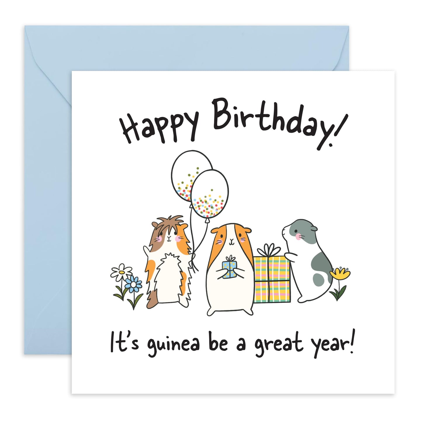 Guinea Pig Birthday Card - Cute Animal Birthday Greeting for Kids, Adults, Him, Her, Friends, Animal Lovers - "It's Guinea Be a Great Year!" - Fun and Adorable Design with Blue Envelope