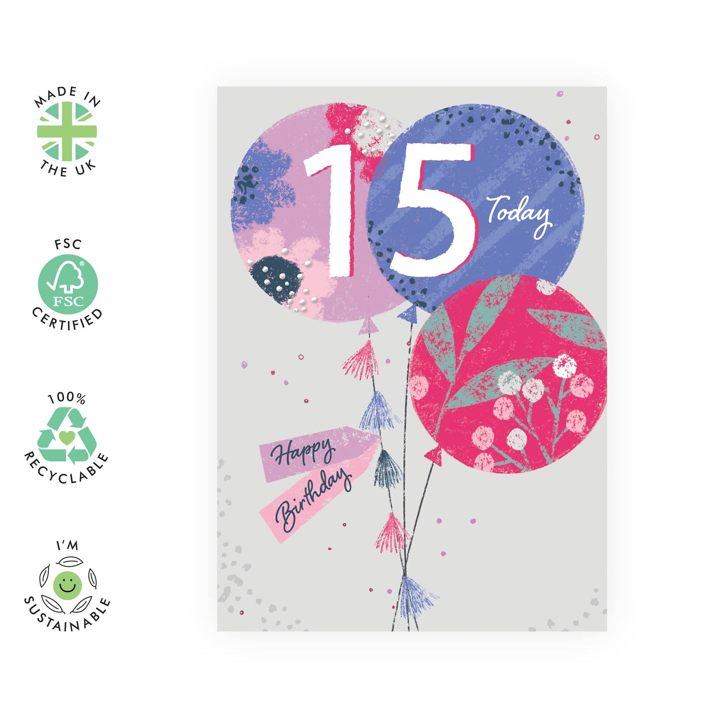 15th Birthday Card For Boys Girls - Happy Birthday Card - Fifteen Year Old Birthday Balloons For Teens - Cute Greeting Cards For Son Daughter Nephew Niece - Comes With Stickers - By Central 23