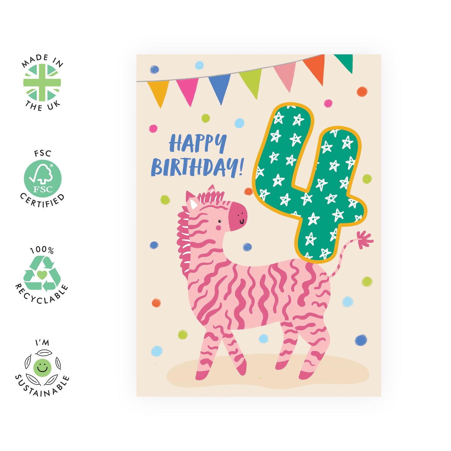 4th Birthday Card Boy Girl - Party Zebra Four Year Old - Happy Fourth Birthday Cards For Kids Baby Toddlers - Gifts For Godson Granddaughter Niece Nephew - Comes With Cute Stickers By Central 23
