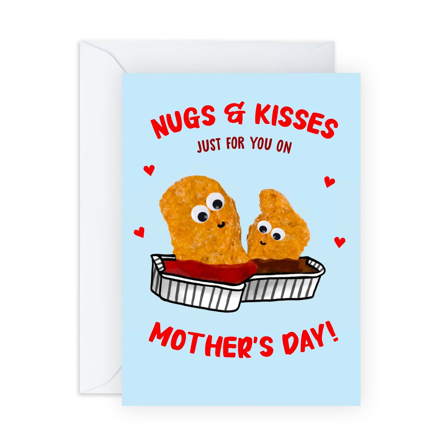 Funny Mother’s Day Card – "Nugs & Kisses" Chicken Nugget Cute Food Pun for Mum, Mummy, Mama, Ma, Mam, Her, She, Women, Ladies from Son or Daughter - Fun Greeting - Comes with Stickers