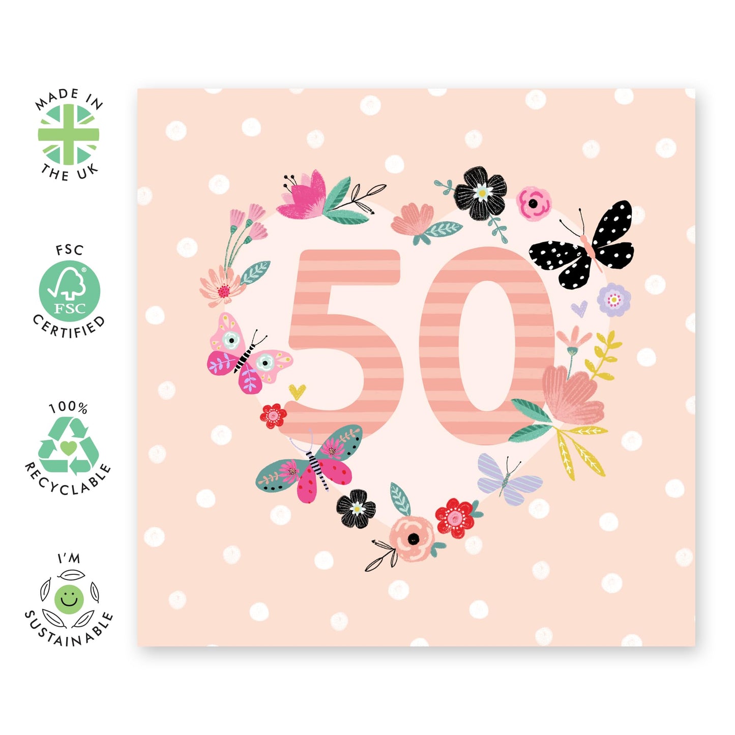 50th Birthday Card For Mummy - 50th Floral Butterflies - Floral Birthday Card - Wife Mum - Gifts For Aunt - Happy Fiftieth Birthday Greeting Card Female Friends - Comes With Fun Stickers By Central 23