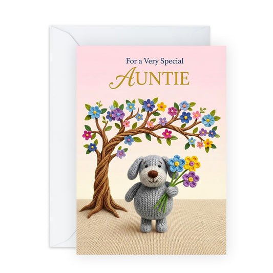 Auntie Mother’s Day Card – Cute Crochet Dog With Flowers for Aunt Aunty Her Ladies Women From Niece Nephew Family – Keepsake Greeting Mothering Sunday -Comes with Sweet Stickers