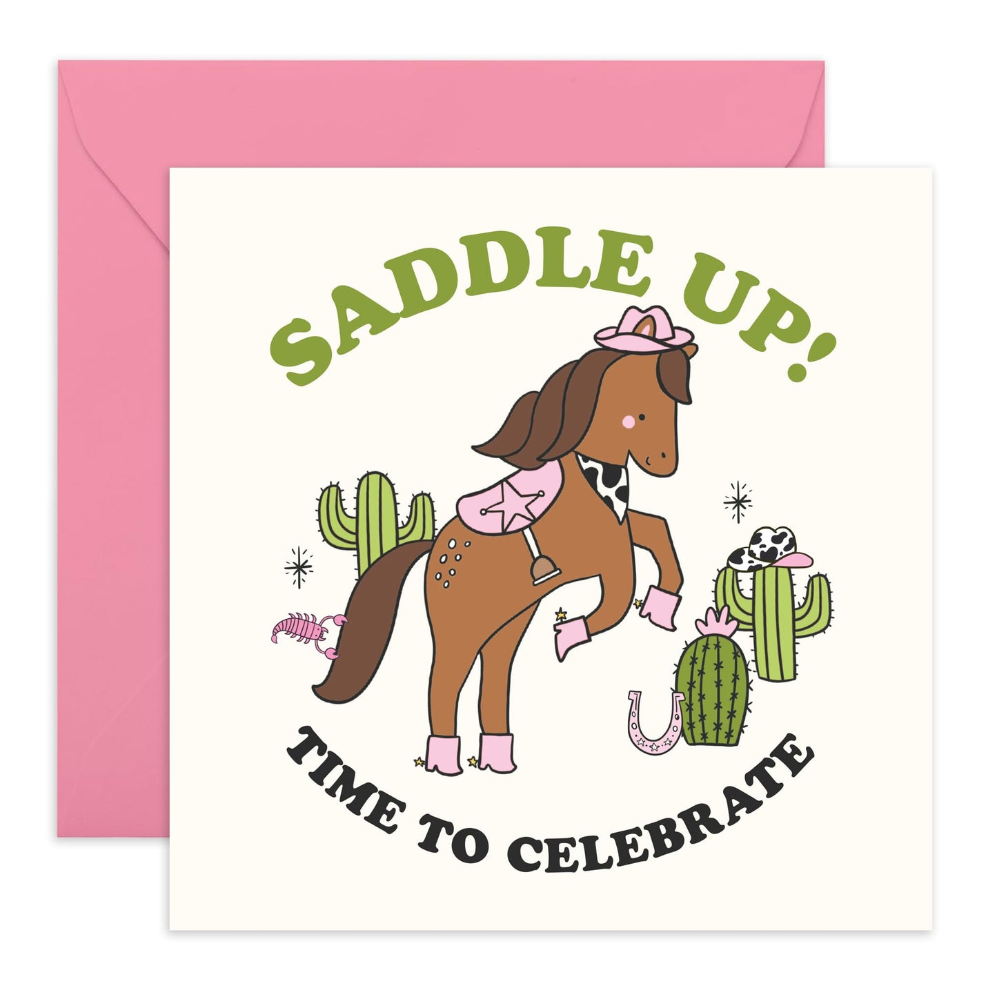 Saddle Up Birthday Card – Fun Celebration Card for Her, Kids, Cowgirls, Friends, Colleagues and Horse Lovers- Cute Country Design - Comes with Fun Stickers