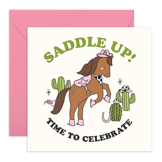 Saddle Up Birthday Card – Fun Celebration Card for Her, Kids, Cowgirls, Friends, Colleagues and Horse Lovers- Cute Country Design - Comes with Fun Stickers