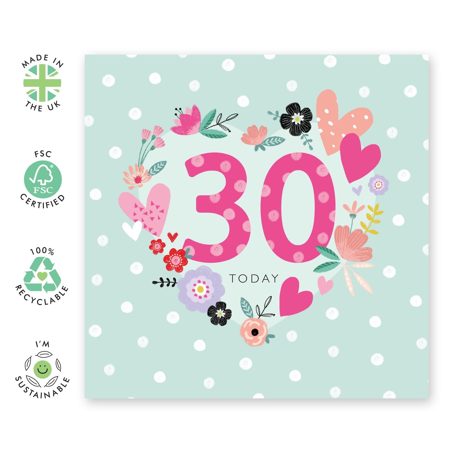 30th Birthday Card For Her - 30th Floral Spots Birthday - Wife Mum Mummy Sister - Birthday Card - Floral Bday Card - Happy Thirtieth Birthday Greeting Card Women - Comes With Stickers By Central 23