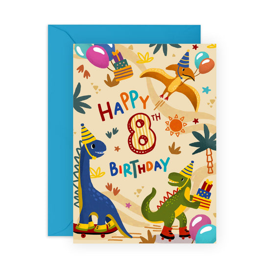 Happy 8th Birthday Card For Boy - Dinosaur Birthday Card - 8 Year Old - Age Eight - Happy Eighth Birthday Cards For Him - For Son Grandson Nephew - Comes With Stickers - By Central 23