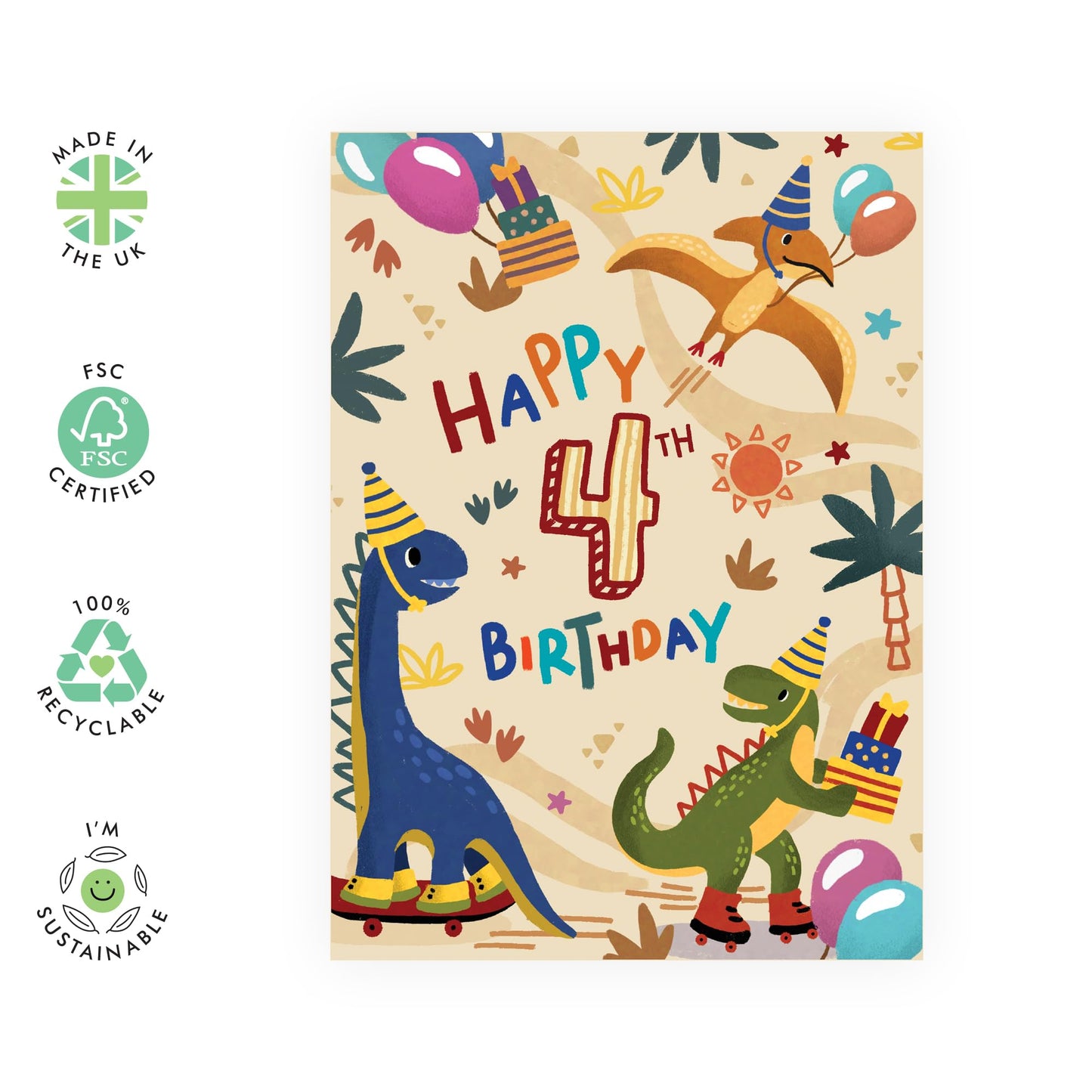 4th Birthday Card Boy - 4 Year Old Dinosaur Birthday Card - Happy Fourth Birthday Gifts For Kids - Greeting Cards For Son Grandson Brother - Comes With Stickers - By Central 23