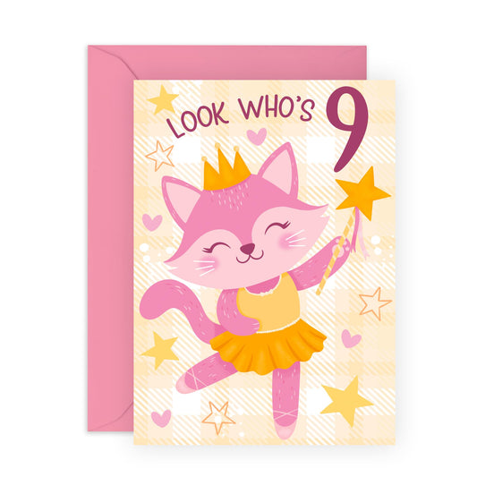 Happy 9th Birthday Card - Ballet Cat 9 - Birthday Cards For Daughter - Nine Years Old Girl Birthday Card Niece - Cousin Birthday Card Female Children Kids - Comes With Stickers - By Central 23