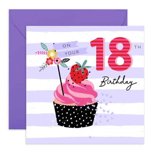 18th Birthday Card - On Your 18th Strawberry Cupcake - Happy Eighteenth Birthday Cards - From Mum Dad - 18 Year Old For Daughter - Gifts For Girls Niece Daughter - Comes With Stickers By Central 23
