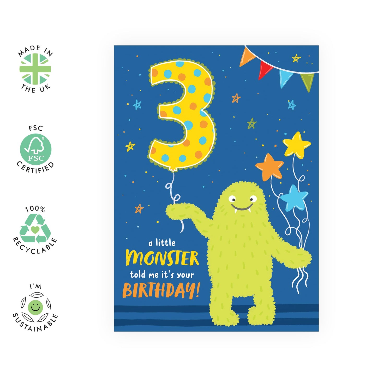 Birthday Card 3 Year Old Girl - Boys Birthday Card Age Three - Cute Monster Greeting Cards For Kids - Gifts For Son Daughter Niece Nephew Godson - 3rd Bday - Comes With Stickers By Central 23