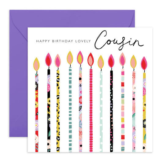Happy Birthday Card For Cousin - Bday Candles Trendy Patterns - Happy Birthday Greeting Cards And Envelopes For Her Ladies Female - Gifts For Women - Comes With Fun Stickers - By Central 23