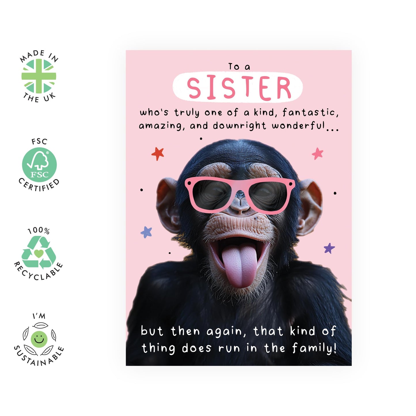 Funny Ape Birthday Card - 'Fantastic Sister' - Hilarious Gifts for Sis, Sibling, Family, Her, Girls, Ladies - Runs In The Fam - Comes with Fun Stickers